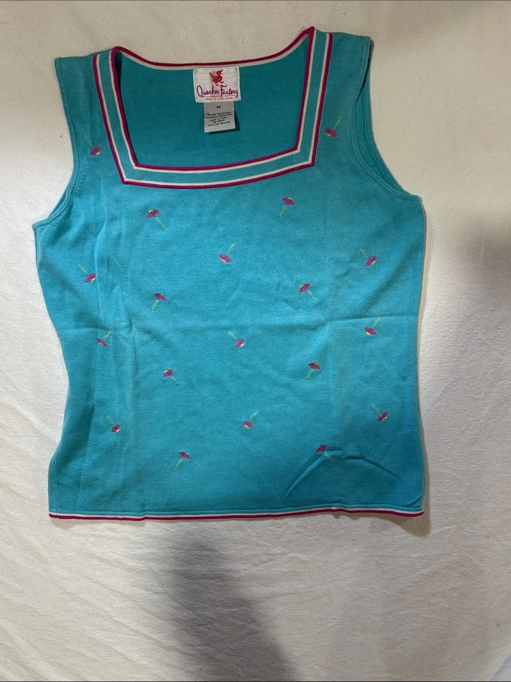 Vintage Quacker Factory Teal Floral Knit Sweater Vest Cardigan Set M